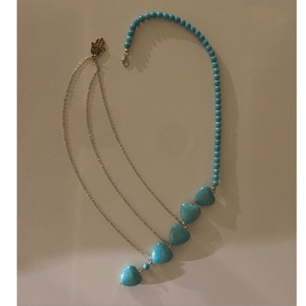 Unique Turquoise & Layered Sterling Silver Chain  Drop Heart Necklace - Picture 4 of 6